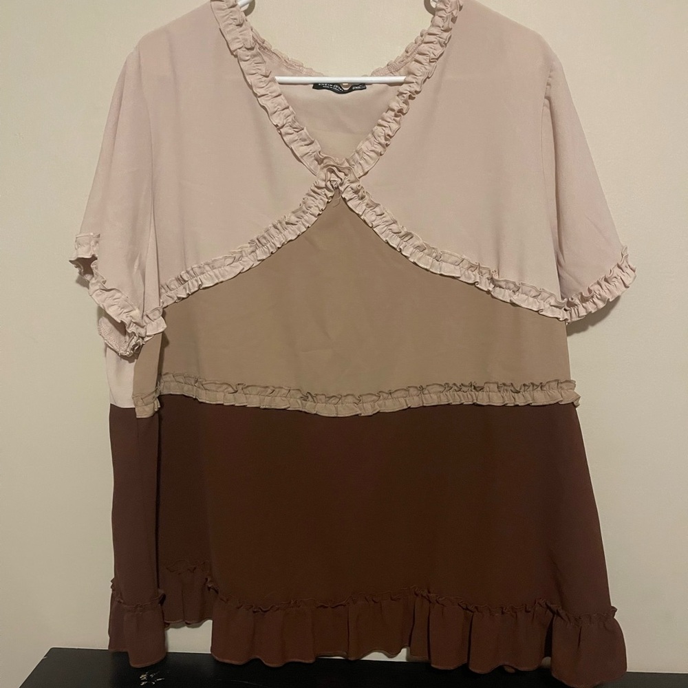 SHEIN Layered Ruffle Blouse in Cream, Tan, and Brown